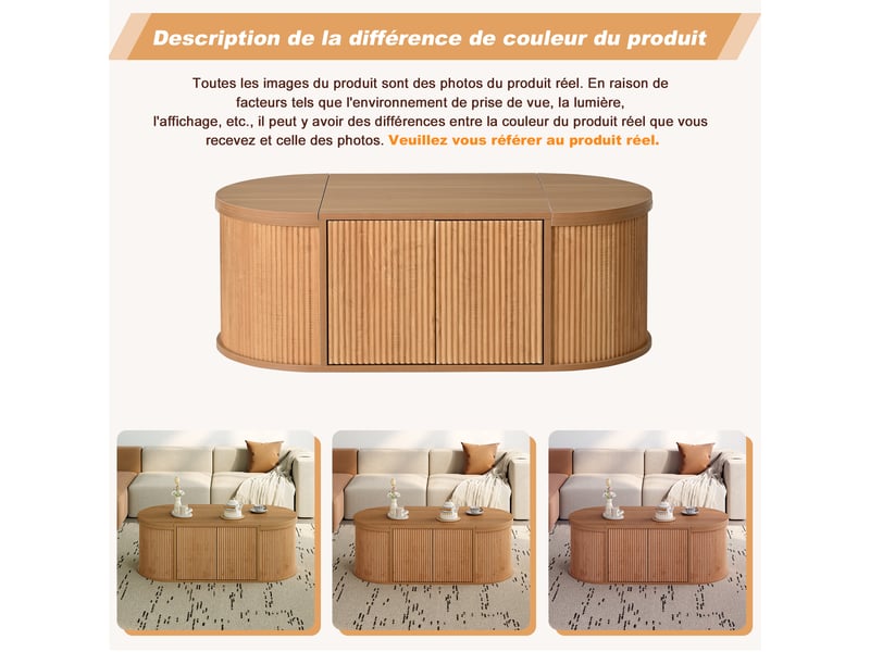  Table basse ovale en bois clair, espace de rangement caché avec 4 portes, ouverture magnétique, 100x50x35 cm  - Conforama E