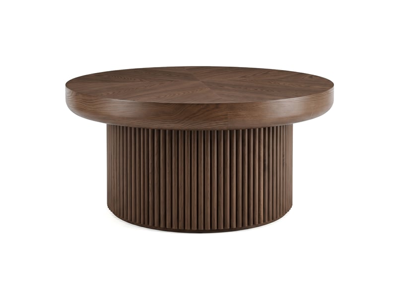  Table basse ronde tcqpz 78 cm effet parquet bois coloris noyer base cylindrique rainurée style vintage moderne  - Conforama A