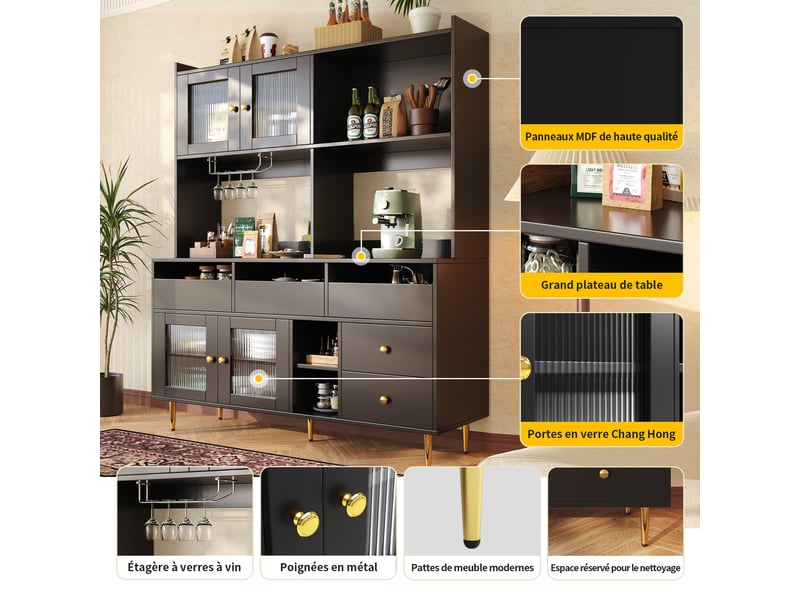 Meuble de cuisine muvano avec portes en verre strié, noir et décor doré, 145 × 39 × 171 cm - Conforama E
