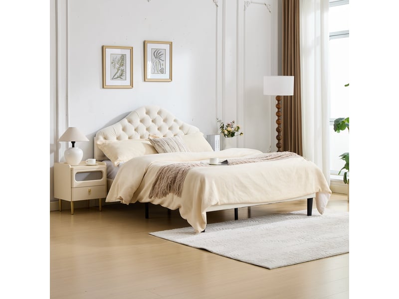  Lit 2 places 140x200 cm, revêtement en velours, coloris beige, tête de lit réglable, sommier à lattes inclus, sans sommier tapissier, montage facile  - Conforama D