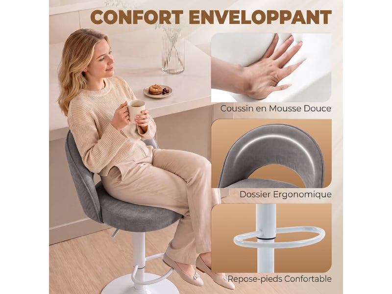 Lot de 2 tabourets de bar, chaises de bar réglables en hauteur, pivotant 360°, assise rembourrée en chenille, gris - Conforama E