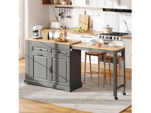 Îlot de cuisine sur roulettes gris avec plan extensible, 2 tiroirs, rangement et compartiment poubelle