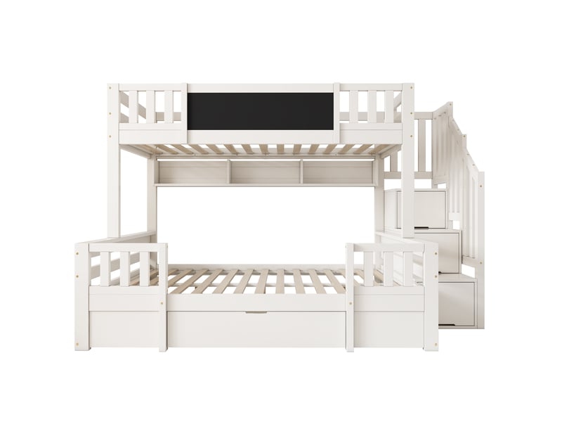 Lit superposé enfant 90x200140x200 - lit 3 places - tableau noir - escalier rangement - 2 tiroirs - étagère - garde-corps - blanc - Conforama A