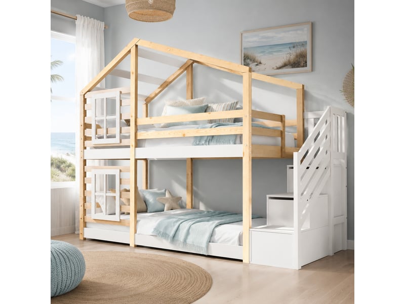  Lit superposé enfant cabane 90x200 avec rangements et barrières de sécurité evryae  - Conforama B