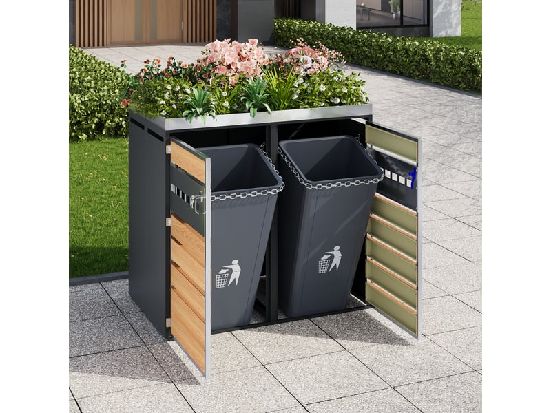  Placard à poubelles avec jardinière - verrouillable - deux portes - surface de plantation - ventilation optimale 132x80x124.5cm - Conforama C