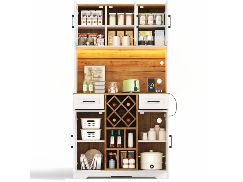  Buffet de cuisine 105x40x180 cm avec led, casier à vin, naturel et blanc  - Conforama A