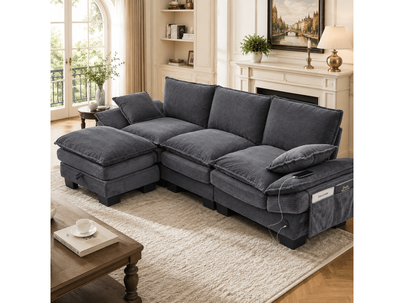  Canapé modulaire avec pouf rangement 260 x 132 x 84 cm - velours côtelé et usb-c intégré  - Conforama B