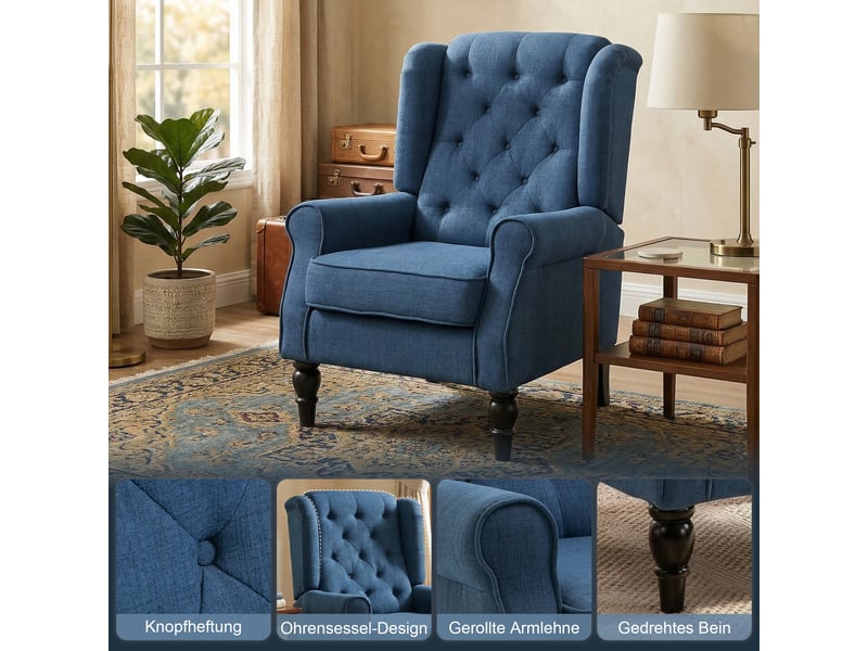  Fauteuil à oreilles en flanelle avec pieds en bois bleu 74 x 86 x 102 cm  - Conforama D