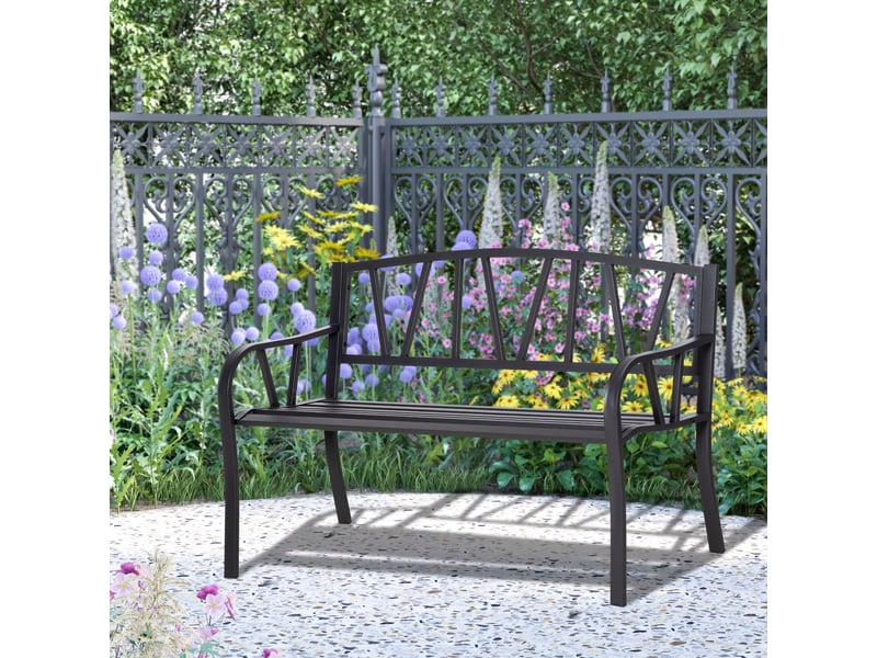 Banc de jardin en métal noir imperméable, banc d'extérieur 2 places en fer, 128 x 56 x 86 cm - Conforama C