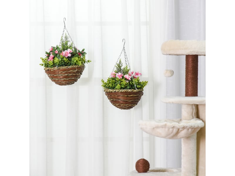  Lot de 2 lisianthus artificiels avec pot et crochet, plantes artificielles en pe et osier, ø 25 x 34 cm, vert et rose  - Conforama D