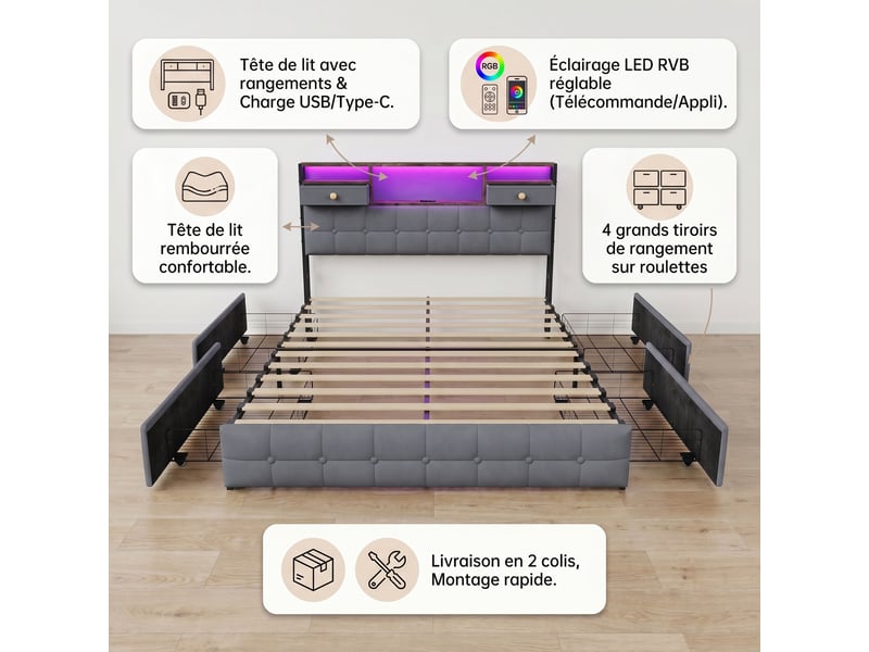  Lit 140x200 avec 4 tiroirs, lit adulte avec led rgb et ports de charge, lit double, tête de lit avec rangement intégré, tissu velours, moderne, gris  - Conforama C