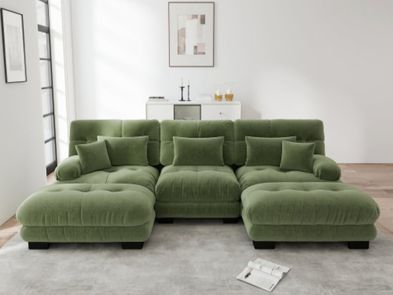  Canapé modulable en u 3 places avec 2 poufs mobiles, chenille vert, assise profonde  - Conforama B