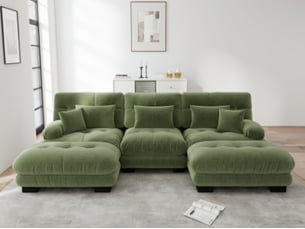 Canapé modulable en u 3 places avec 2 poufs mobiles, chenille vert, assise profonde