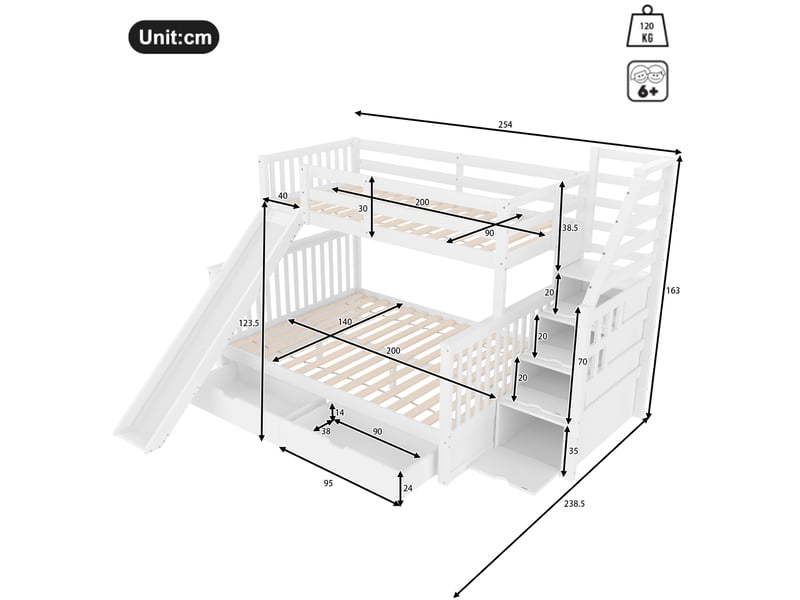 Lit superposé enfant 90x200 et 140x200 cm avec toboggan, rangements, blanc - Conforama C