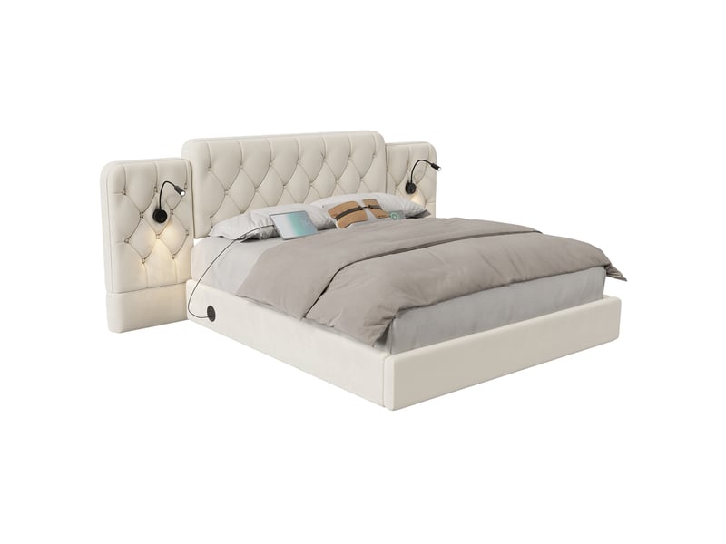  Lit coffre 160 x 200 cm, cadre de lit, velours, plusieurs ports usb, lampe de bureau, beige  - Conforama A