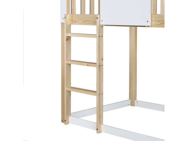  Lit superposé enfant 90x200 cm avec barrière et toboggan, lit cabane, protection antichute, cadre en pin, naturel blanc  - Conforama E
