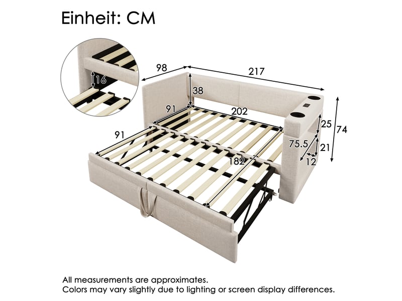  Lit gigogne enfant 90x200 cm, canapé-lit avec usb type-c, porte-gobelet, sommiers, coton lin beige, sans matelas  - Conforama C
