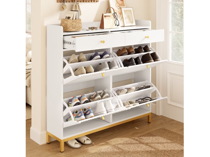  Meuble à chaussures 106,5x25x107 cm, 4 portes rabattables et 2 tiroirs, panneau de particules, blanc  - Conforama D