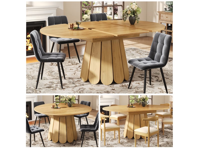  Table à manger extensible 118-158 cm ronde, table de salle à manger en bois, jusqu'à 6 personnes  - Conforama E