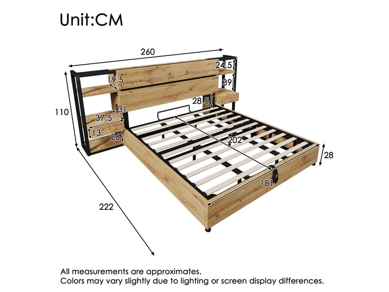 Lit coffre hydraulique 180x200 cm avec tête de lit rangement-usb et type-c-tiroirs intégrés-effet chêne - Conforama C