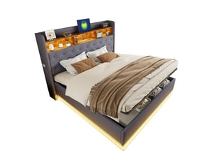 Lit coffre 180x200 gris avec led multicolore et port usb, sans matelas