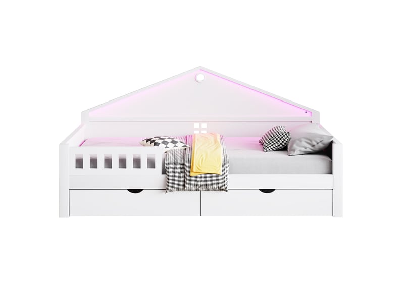 Lit enfant simple 90x200 cm avec 2 tiroirs, bande led pilotée sommier à lattes, bois et mdf blanc sans matelas - Conforama E