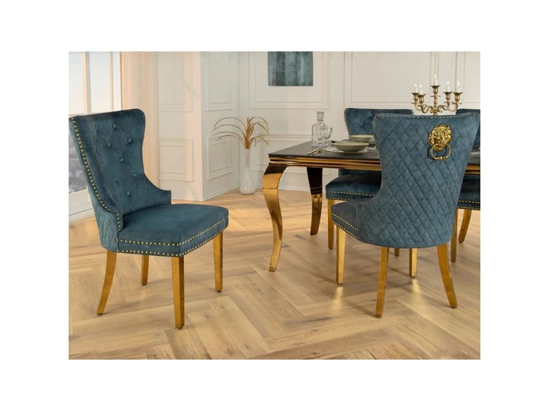 Lot de 2 chaises chesterfield regina bleu pétrole en velours capitonné – tête de lion dorée, clous décoratifs et pieds acier - Conforama D