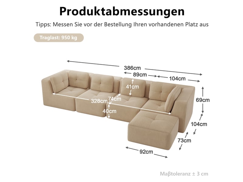  Canapé modulable 4 places 386x177x69 cm, sans structure, assise moelleus, assise profonde 74 cm, tissu en velours côtelé, beige  - Conforama C
