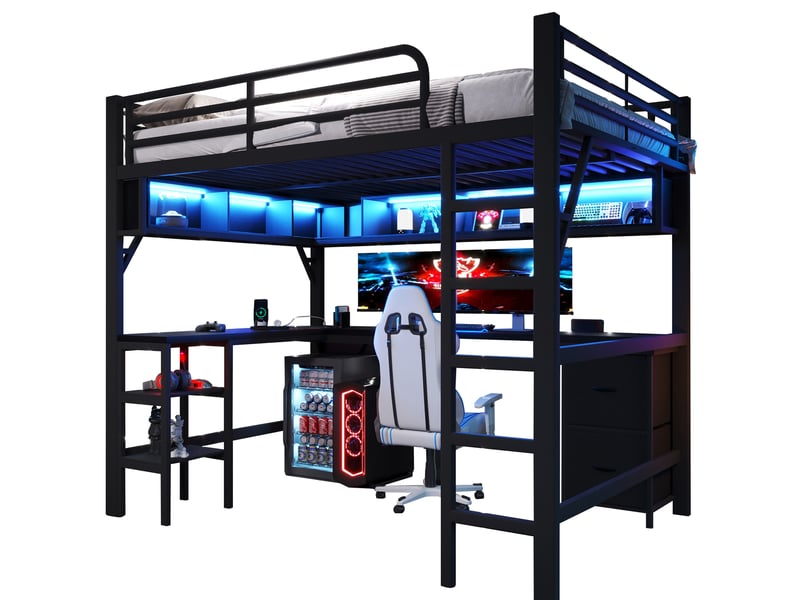  Lit mezzanine gamer 140 x 200 cm, métal, bibliothèque, bureau, armoire, usb, led, noir  - Conforama A