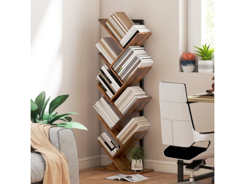  Bibliothèque arbre à 9 niveaux, meuble de rangement industriel avec cadre en acier, 50x24x136cm, brun rustique  - Conforama D