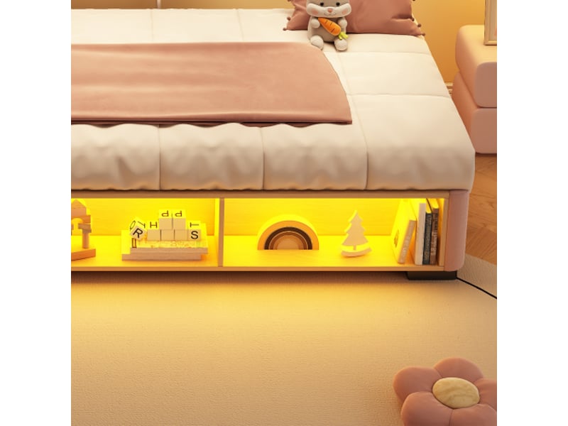  Lit enfant bas 90x200 cm rose - lit ado modulable avec led latérale, rangement ouvert et tête de lit sur 3 côtés  - Conforama E