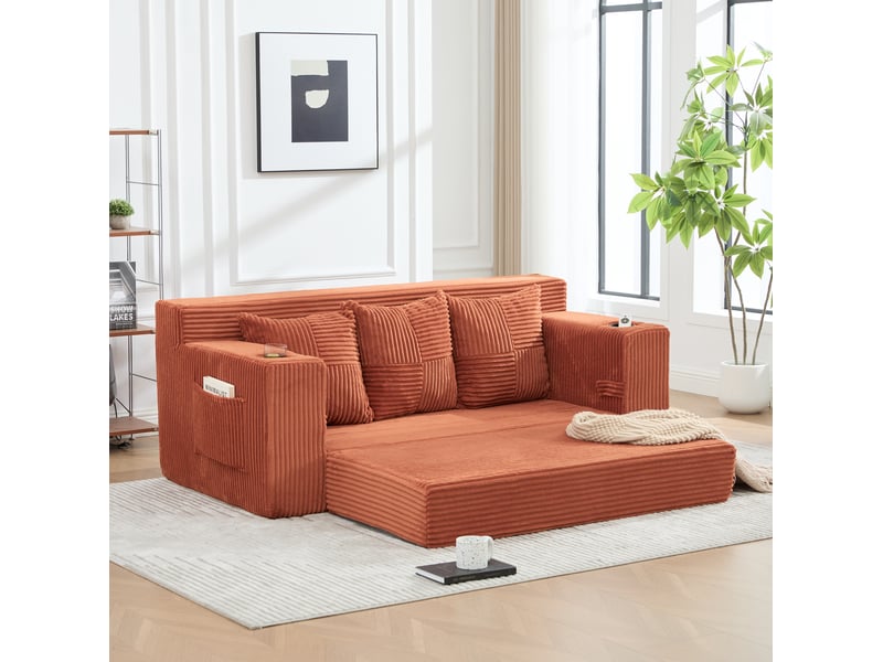  Canapé modulable 3 places 172 x 87 x 64 cm orange en velours côtelé, avec porte-gobelets et poches latérales  - Conforama B