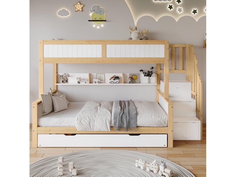  Lit superposé enfant 3 couchages avec lit gigogne, escalier et armoire, blanc naturel  - Conforama B