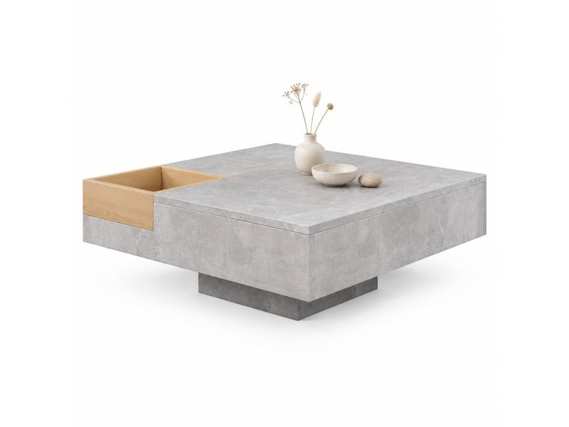  Table basse avec boîte de rangement amovible, en panneaux de particules, gris béton et couleur bois, 72 × 72 × 30 cm  - Conforama A