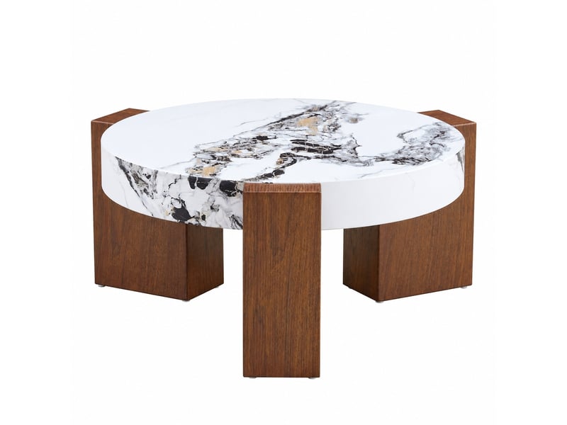  Table basse gigogne ronde, lot de 2 tables d'appoint, mdf effet noyer et marbre blanc, plateau en verre de sécurité transparent  - Conforama A