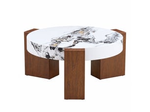 Table basse gigogne ronde, lot de 2 tables d'appoint, mdf effet noyer et marbre blanc, plateau en verre de sécurité transparent
