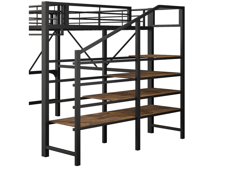 Lit mezzanine 140 x 200 cm en métal et mdf noir, avec rangement ouvert, étagères et éclairage led réglable - Conforama W