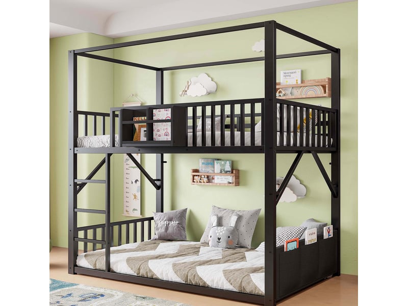 Lit superposé enfant 90x200 cm en métal noir avec toit et rangements - Conforama B