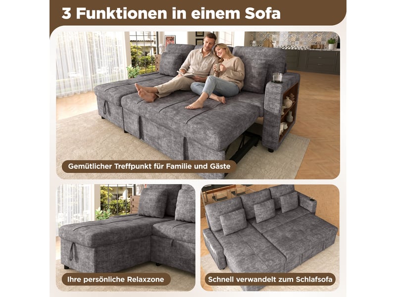 Canapé d'angle convertible 3 places en chenille avec coffre, porte-gobelets et étagère, beige - Conforama D