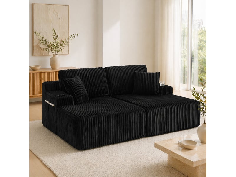 Canapé-lit relax 2 places noir en velours côtelé avec porte-gobelet et poche latérale - Conforama C