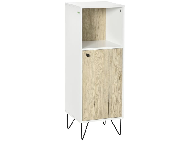  Meuble de salle de bain avec compartiment ouvert et porte, meuble en bois multifonctionnel gain de place, 31,5 x 30 x 91 cm, chêne et blanc  - Conforama A