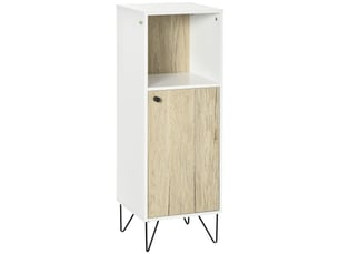 Meuble de salle de bain avec compartiment ouvert et porte, meuble en bois multifonctionnel gain de place, 31,5 x 30 x 91 cm, chêne et blanc