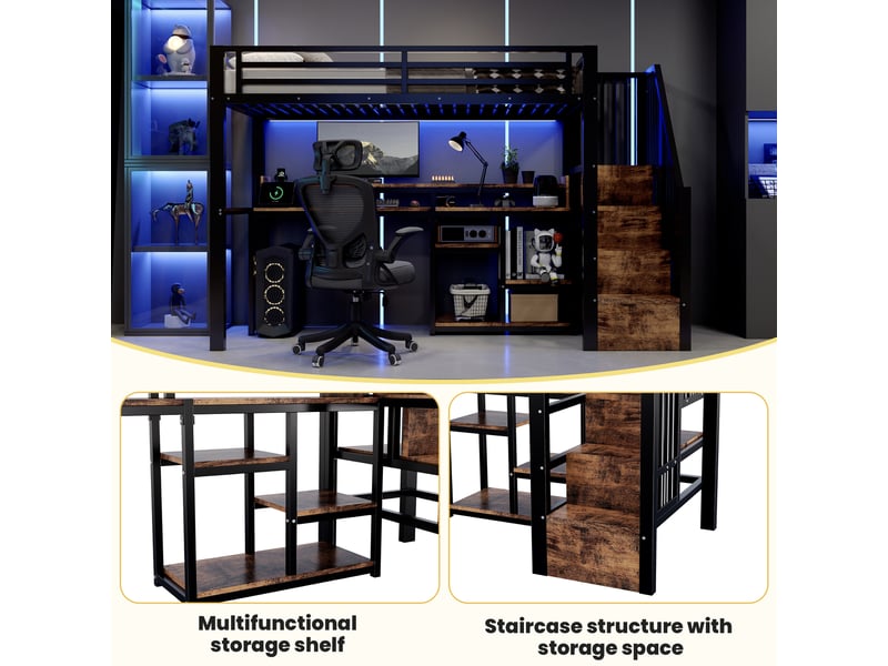  Lit mezzanine, 90 × 200 cm, noir, métal, led, usb + type-c, armoire-échelle, étagères, sans matelas, led pilotable par appli  - Conforama E