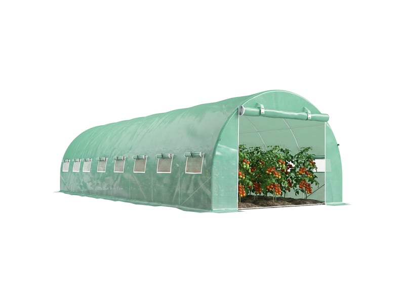  Serre de jardin tunnel 24m² 8l x 3l x 2h m - 16 fenêtres, porte zippée enroulable acier galvanisé, bâche pe, vert  - Conforama A