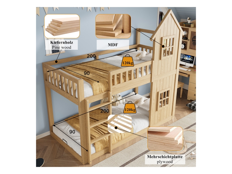 Lit superposé enfant 90x200 cm avec escalier à 3 marches et barrières de sécurité, lit cabane maison en bois de pin, mdf, naturel - Conforama E
