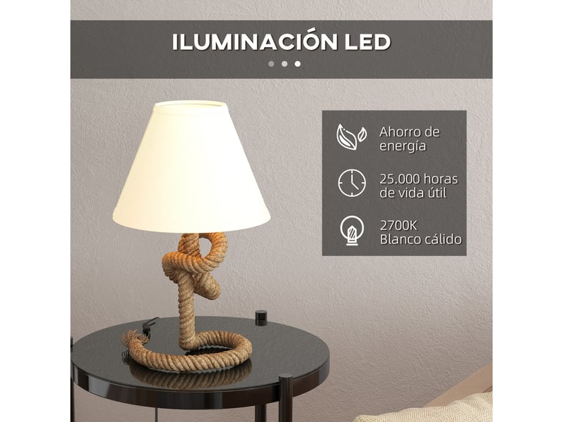  Lampe de table led avec pied en métal, corde en lin et abat-jour en tissu, puissance max. 40 w, ø 28 x 45,5 cm, marron et beige  - Conforama E