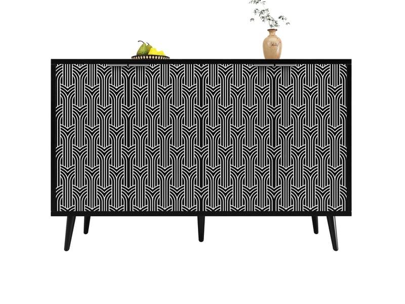  Buffet de rangement 2 portes – motif géométrique noir et blanc – mdf et métal – 120 x 35 x 78 cm  - Conforama A