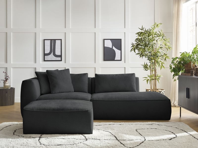  Bobochic canapé droit fixe 3 places leopold tissu texturé avec pouf noir  accoudoir gauche LEOPOLD - Conforama D
