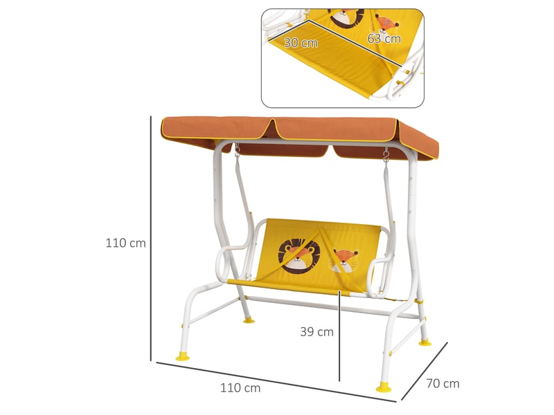 Balancelle de jardin 2 places à motif lion, auvent inclinable, charge maximale 60 kg, 110 x 70 x 110 cm, jaune - Conforama D