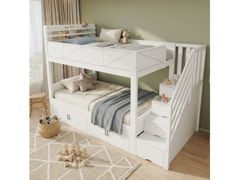  Lit superposé modenvie 90 x 200 cm avec escalier de rangement, rangements fermés, sécurité renforcée, blanc  - Conforama D